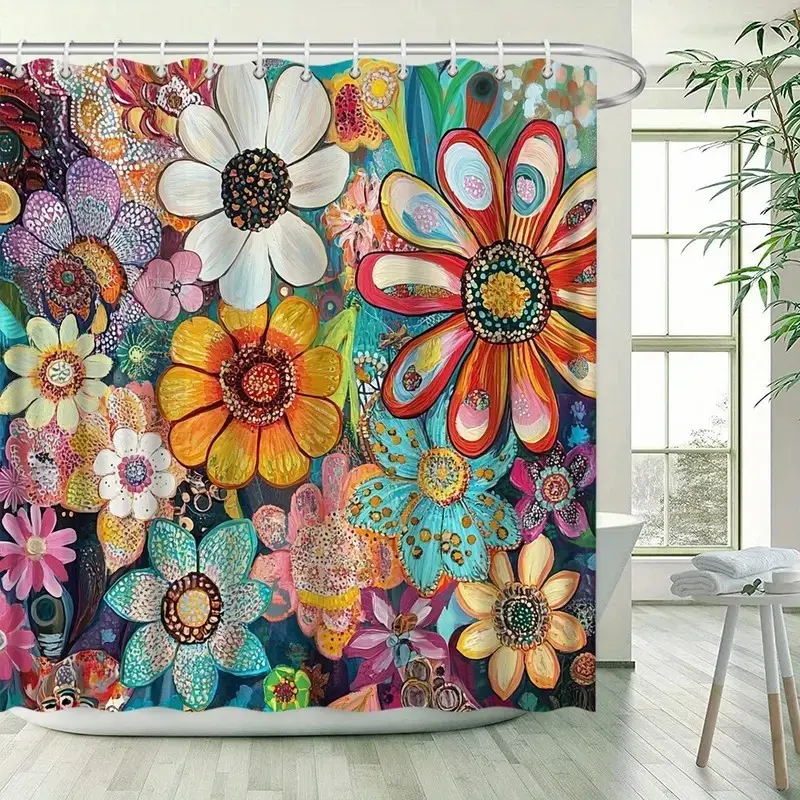 Bohemian Daisy and Eucalyptus Floral Flower Shower Curtain, Bathroom Curtains, Decorative Shower Curtain, Perfect for Bathroom Decor Decoration, Easy to Clean, Multiple Sizes Available, Includes Hooks