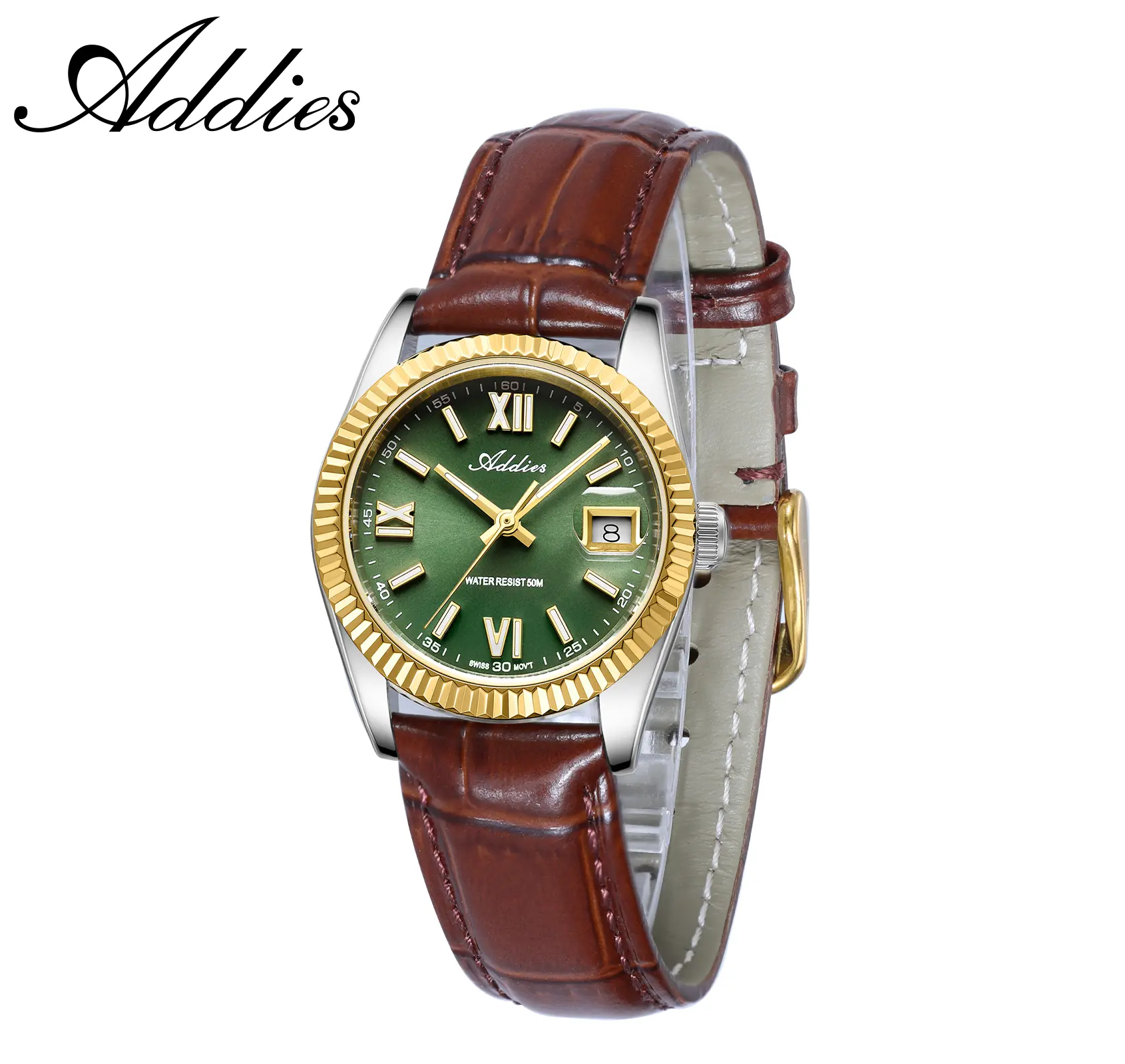 ADDIES Luxury Women's Leather Watch, Swiss Quartz Movement, Sapphire Crystal Glass, BGW9 Luminous Dial, 316L Stainless Steel Case, Elegant Ladies Wristwatch