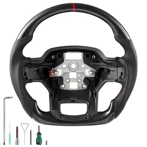 VEVOR Steering Wheel for 2021-2024 Ford F150, Carbon Fiber Steering Wheel D-Shaped Flat-Bottom with Heating Function, Leather Grip with Non-Slip Texture, Accessories Replacement for Ford F150, Black