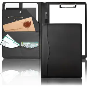 Padfolio Portfolio Binder, Leather Clipboard Folder Briefcase Loose-Leaf Binder with Cover Brown Folder with Pockets Resume Folder for Business Office Meeting Men Women's Business (A4, Black)