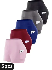 Women's 5-Piece High-Waisted Breathable Sports Cycling Shorts with Pockets Stretch Bodysuit for Fitness Running Cycling & Casual Wear Plain Design