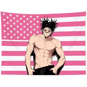Choso Pink American Flag Action Anime Tapestry - Dark Fantasy JJK Character Aesthetic - Otaku Bedroom Dorm Decor Wall Hanging Banner