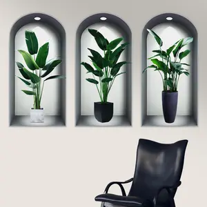 3-piece set, Nordic green plant themed simulated arched window flower basin wall sticker, self-adhesive removable decorative sticker, suitable for wall decoration in living rooms, dining rooms, and study rooms, Home Decor