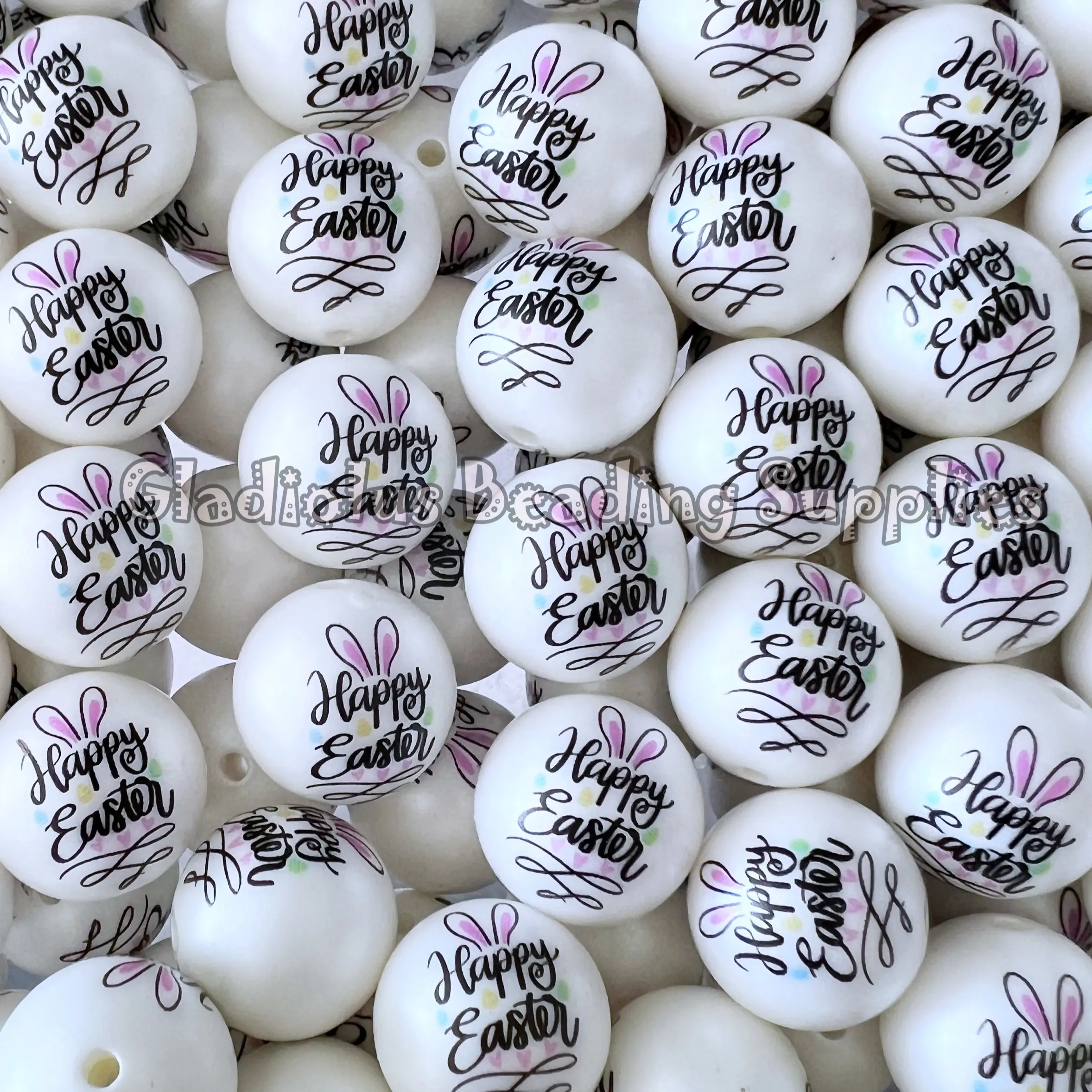 20mm Happy Easter Print Chunky Acrylic Bead, Easter, Bunny Beads, Bubblegum, Chunky Round, Gumball, Beading Supplies, Spring