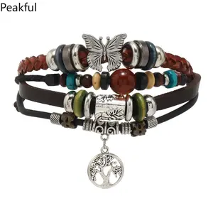 Vintage Multi-layer Bead Leaf Charm Leather Bracelet Men Fashion Braided Handmade Star Rope Wrap Bracelets & Bangles Male Gift