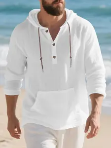 Men's Linen Long Sleeve Hoodie, Loose Fit Casual Trendy Home Wear, Fall Winter New Style Henley Shirt, Comfortable, Breathable and Stylish