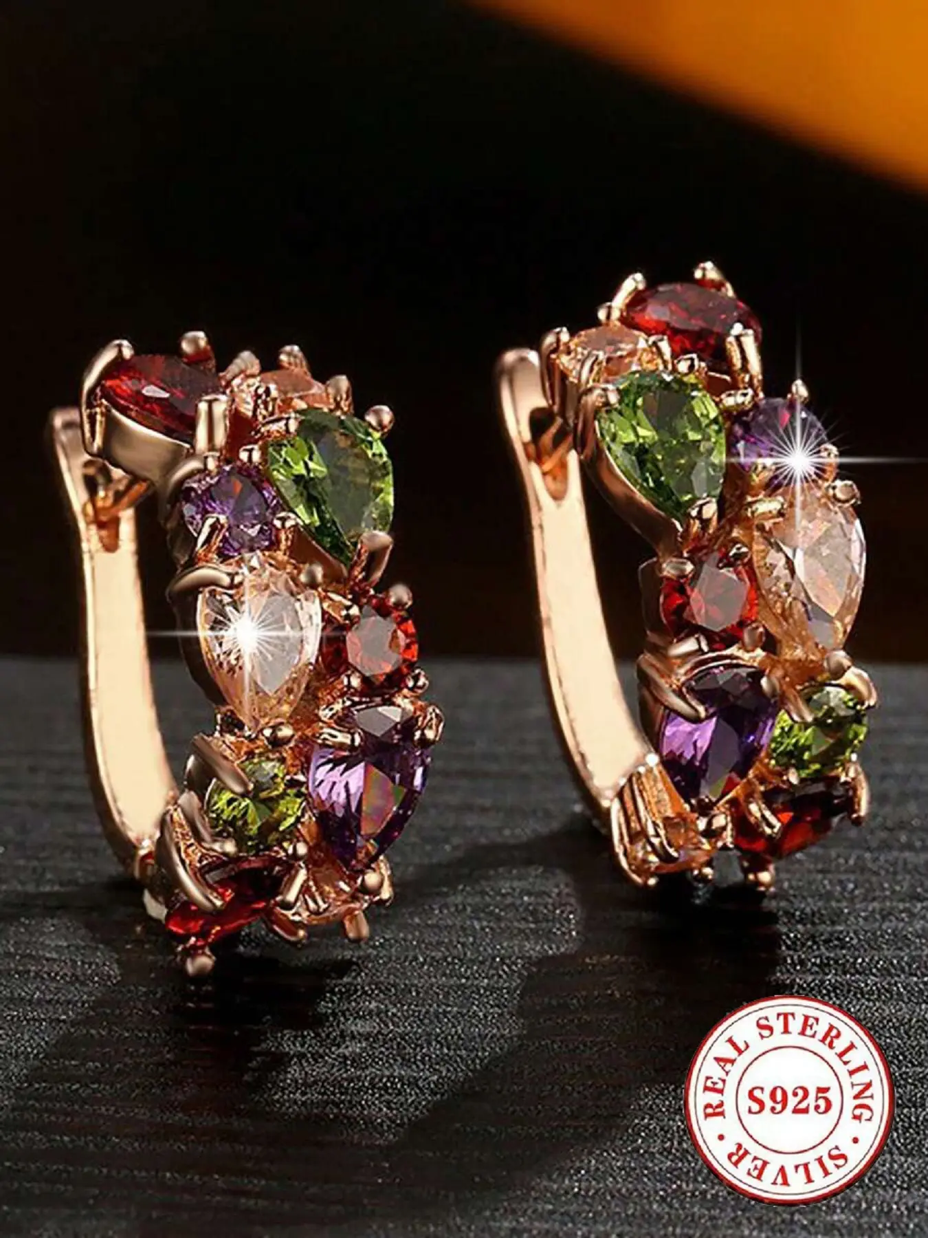 S925 Sterling Silver Rose Gold Plated Huggie Hoop Earrings for Women, Multi-Color Heart Shaped Gemstone Rainbow Crystal Fashion Jewelry, Hypoallergenic Earrings for Party & Daily Wear, Fashionable Huggie Earrings
