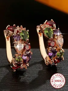 S925 Sterling Silver Rose Gold Plated Huggie Hoop Earrings for Women, Multi-Color Heart Shaped Gemstone Rainbow Crystal Fashion Jewelry, Hypoallergenic Earrings for Party & Daily Wear, Fashionable Huggie Earrings