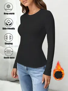 Women's Thermal Underwear Tops, Casual Solid Color Classic Crew Neck Long-Sleeve Fitted Base Layers for Autumn & Winter - Ideal as Running, Hiking Activewear, Comfortable Base Layer Tees Suitable for Outdoor Activities