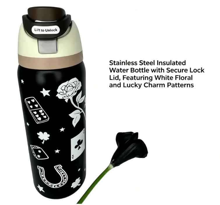 Owala 32oz Minimalist Printed Stainless Steel Insulated Water Bottle - Classic Lucky Charm Cup with Lid, Colder Hotter Longer Vacuum Flask, Professional Office Drinkware, Portable Father's Day Gift