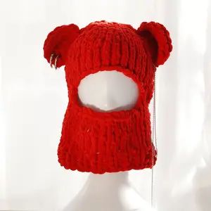 Novelty Bear Ear Balaclava Beanies Chain Outdoor Ski Winter Hat for Women Ear Protection Knitted Hat ear flap