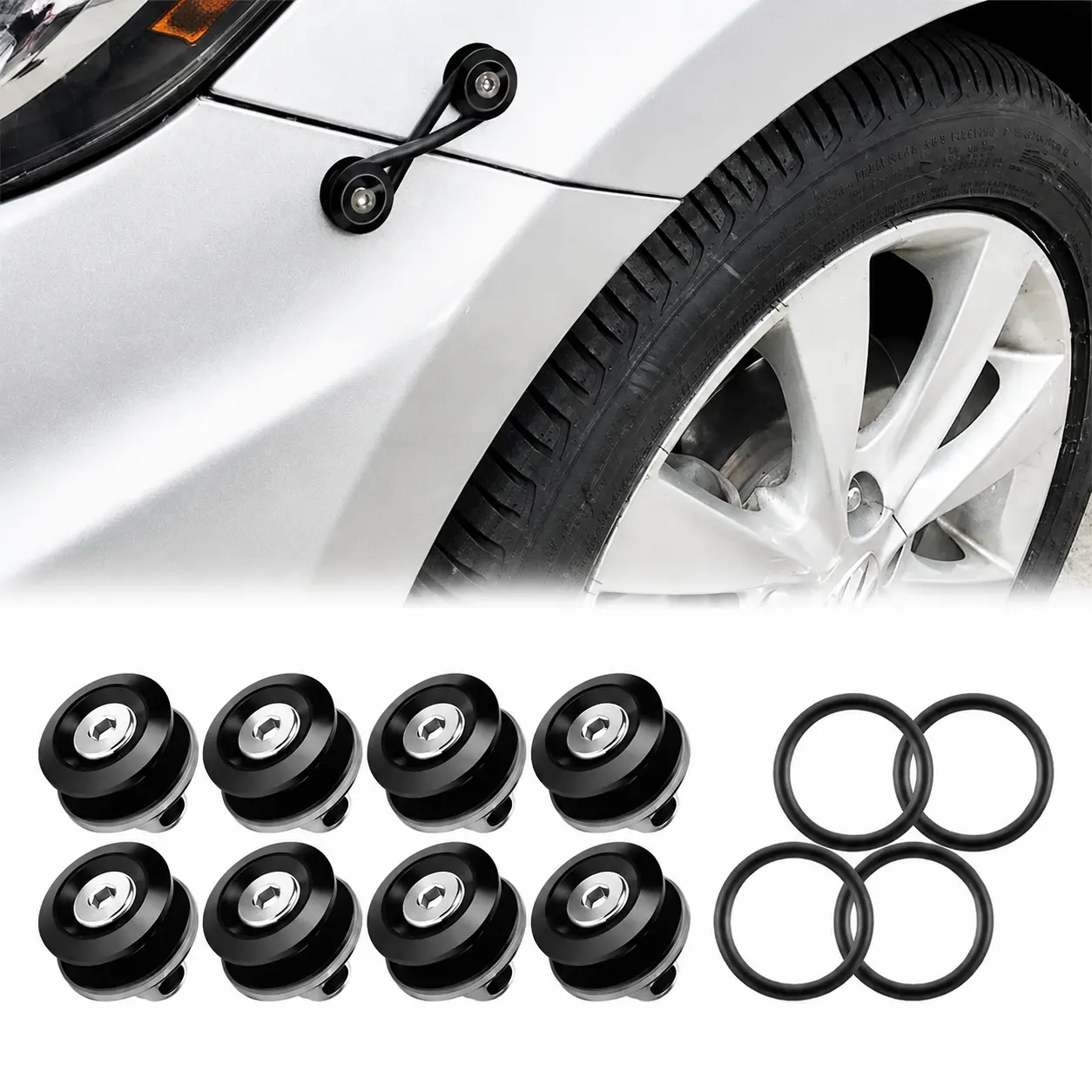 JDM Bumper Quick Release Fasteners - 8-Piece Black Bumper Clips, Front & Rear Automotive Body Screws with 4 O-Rings, Car Body Repair Tool Accessories