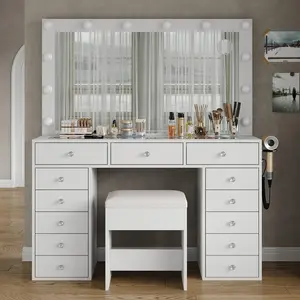FUSOU 47''W 13 Drawers Vanity Desk, [Shipping By 2 Packages],Makeup Vanity with Power Outlet, Vanity Table with Mirror and 12 LED Bulbs, 3 Color Lighting Modes, Glass Top, Dressing Table for Bedroom,SummerVibe