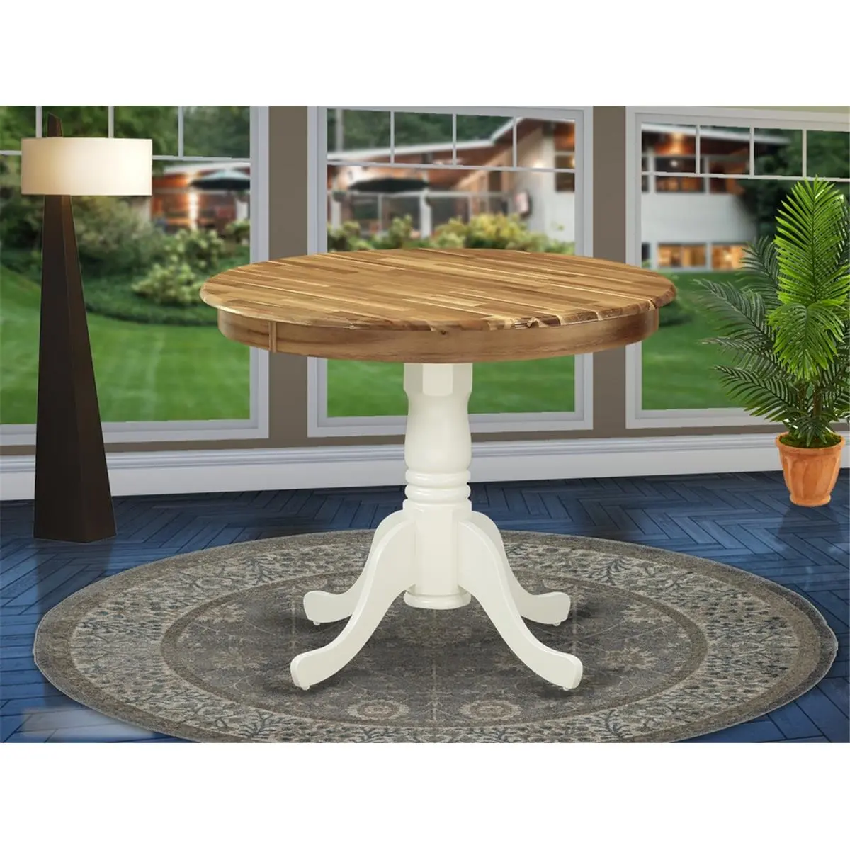 East West Furniture 36 in. Antique-Inspired Acacia Wood-Finished Indoor Dining Table - Linen White Pedestal Base, Natural Wood Texture (Acacia Dining Tables), Antique-Inspired Dining Tables