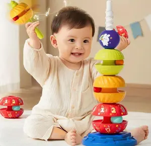 Rainbow Rotation Tower Stacking Toy, Infant Toddler Hand Rattle Ball, Baby Educational Early Learning Stack Set, Fun Developmental Play
