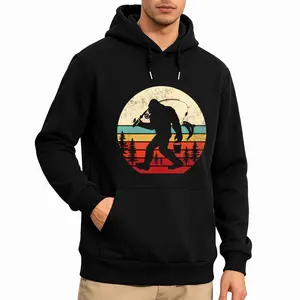 Retro Bigfoot Fishing Hoodie – Funny Sasquatch Design for Dad and Kids, Long Sleeve Comfort