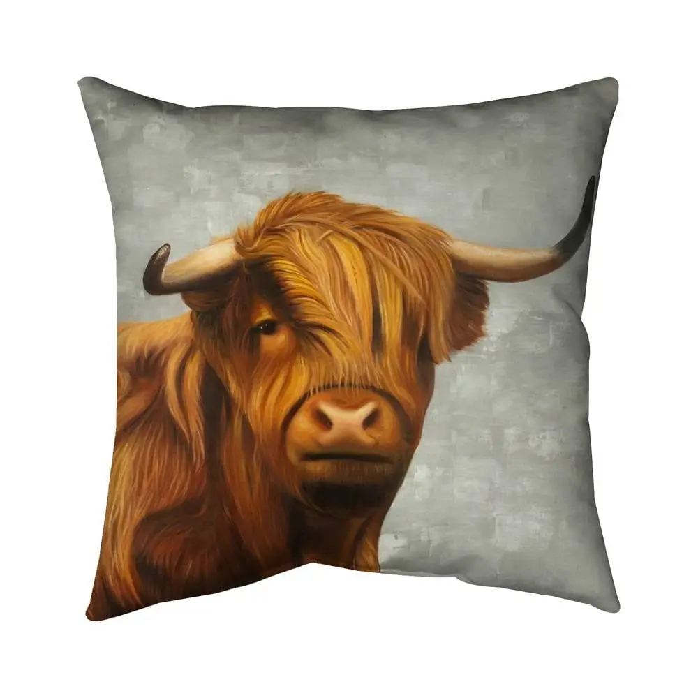 Begin Home Decor 5541-1616-AN315 16x16 in. Rustic Farmhouse Highland Cattle Brown Accent Pillow - Bed & Farm Animal Home Decor