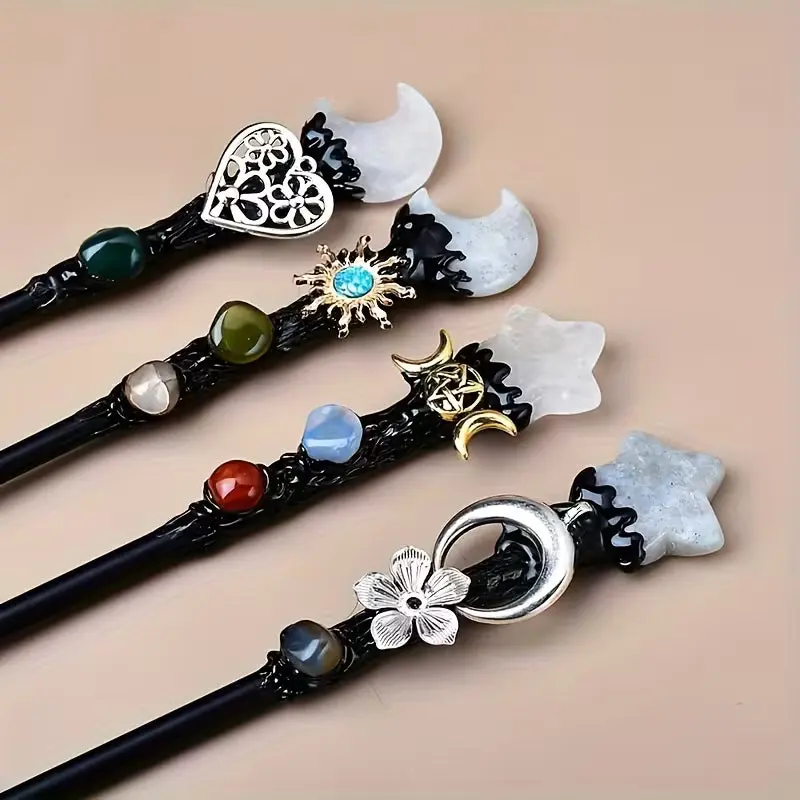 Crystal Moon and Star Magic Wand | Handmade Wooden Wand with Crystal Accents | Spiritual Decor and Ritual Tool