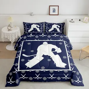 Ice Hockey Comforter Set,Winter Sports Ball Gaming Bedding Set,Equipments Stick Puck Quilt Comforter,Magical Snowflake Duvet Insert, Soft Warm
