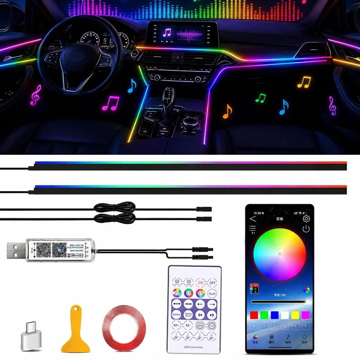 Dazone Acrylic Interior Car LED Lighting Kit, 2-in-1 43.3'' USB-Powered Flexible RGB Strips with Remote & Wireless APP, Music Sync Neon Lights for Dashboard, Door, Universal Fit