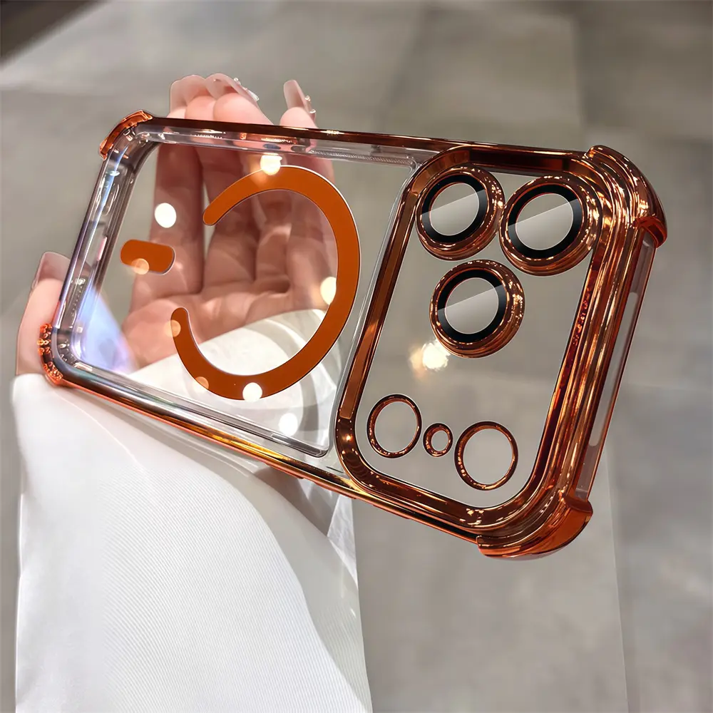 Transparent Polycarbonate Magnetic Hard Phone Case with Transparent Base for iPhone 17,16,15,14,13,12 Pro Max - 4-Corner Shockproof Anti-Drop, Camera Lens Protection, Wireless Charging Compatible Accessory, Accurate