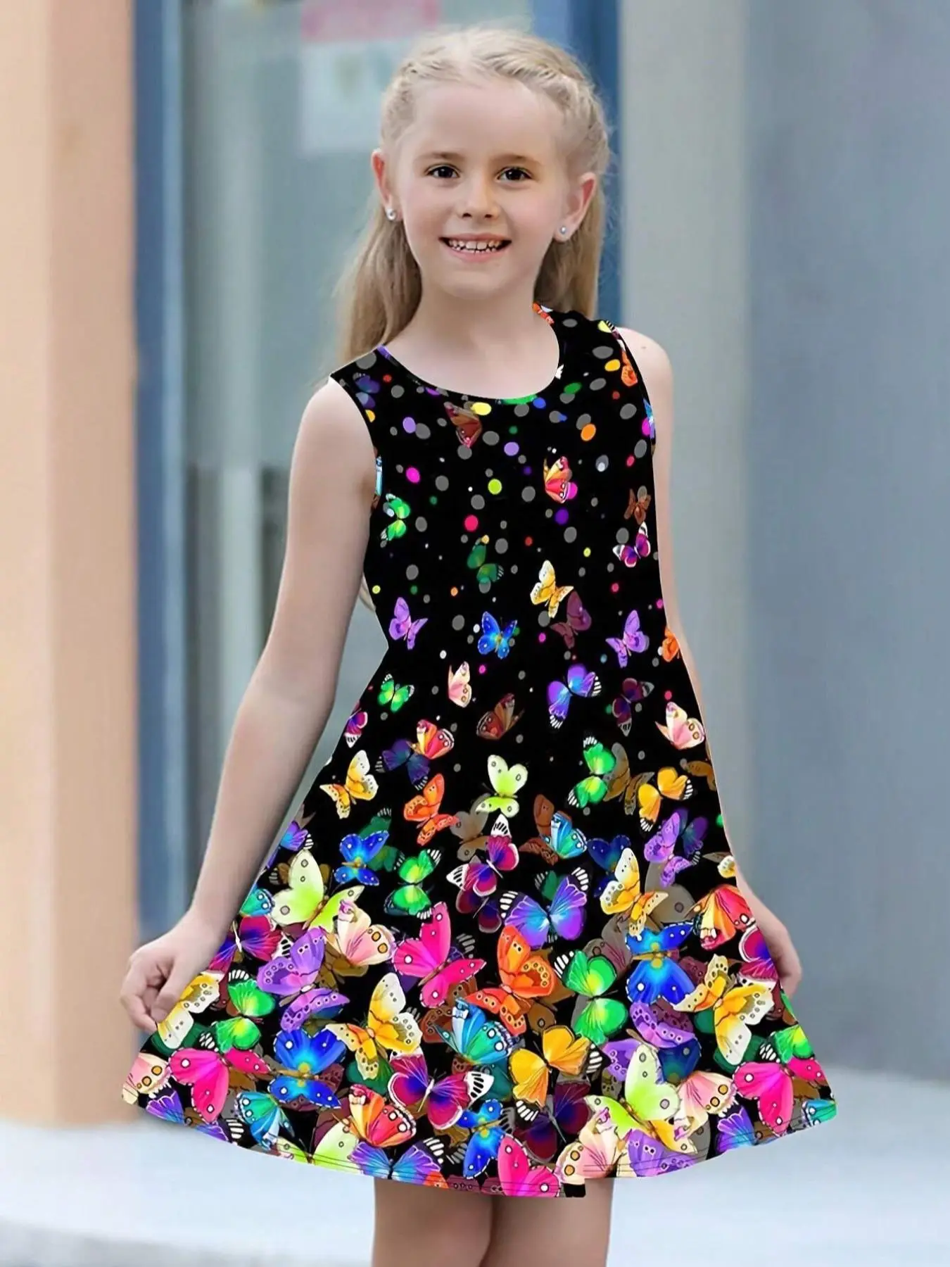 Girl's Butterfly Print Dress, Casual Sleeveless Dress for Summer, Kids Clothes for Daily Wear