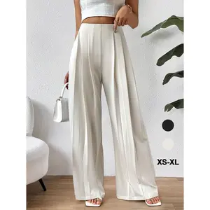 Women's solid color high waisted wide leg pants, comfortable clothing, elegant spring and autumn high waisted pleated pants, fashionable minimalist women's pants for business offices, Stockholm style black girl gift