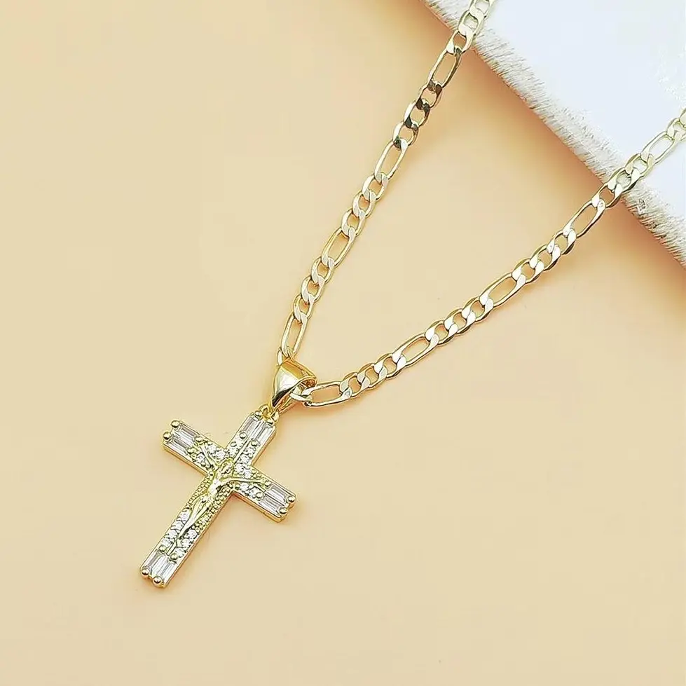 14K Gold Plated Jesus Cross Necklace for Women Dainty CZ Diamond Inlaid Figaro Chain Pendant Religious Faith Jewelry Adjustable Chain Perfect Gift for Mom Her