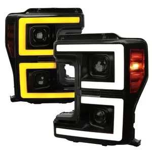 2017-2019 Ford F-250 F-350 F-450 F-550 LED C-Bar Projector Headlights w/ Switchback Sequential Turn Signals (Glossy Black Housing/Smoked Lens)