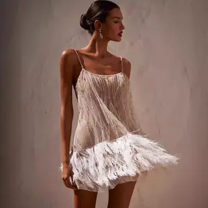Women's Sleeveless Formal Party Dress, New European-American Style, Sexy Backless Short Layered Tassel Mesh Feather Bead Suspender Skirt,summervibes
