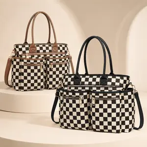 Checkered Multi-Pocket Tote Bag - Large Capacity Canvas Diaper Bag with Adjustable Strap, Waterproof Organizer for Mom, Work, Travel & Everyday Use