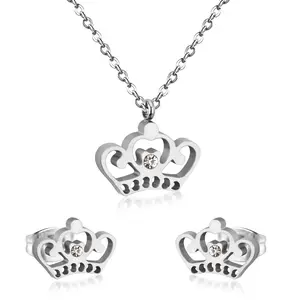 Royal Sparkle Set: 1 cm Stainless Steel Crown Pendant Necklace & Earrings with Sparkling Zircon Center & Matching Stud Earrings High Quality Adjustable Chain