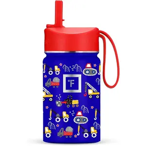 IRON °FLASK Kids Water Bottle - Straw Lid, 20 Name Stickers, Vacuum Insulated Stainless Steel, Double Walled Tumbler Travel Cup, Mug - Construction Zone, 10 Oz