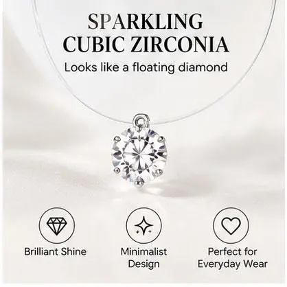 Women’s Minimalist Round CZ Pendant Necklace - 39cm Invisible Nylon Cord Choker, Adjustable Silver-Tone Extender, Spare Cord for Daily Wear