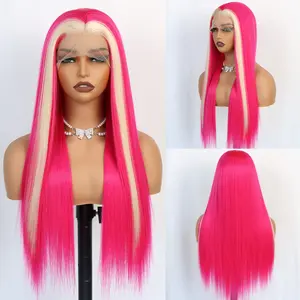 Women's Aodbar Glueless Synthetic Lace Front Wig - Long Straight Pink with Blonde Skunk Stripe Highlights, Pre-Plucked Natural Hairline, Heat-Resistant Fiber, Suitable for Daily Wear, Shego Cosplay