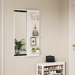 Wall-Mounted Full Length Mirror with Shelf & Hooks, Multifunctional Full Body Mirror for Bedroom, Living Room & Entryway