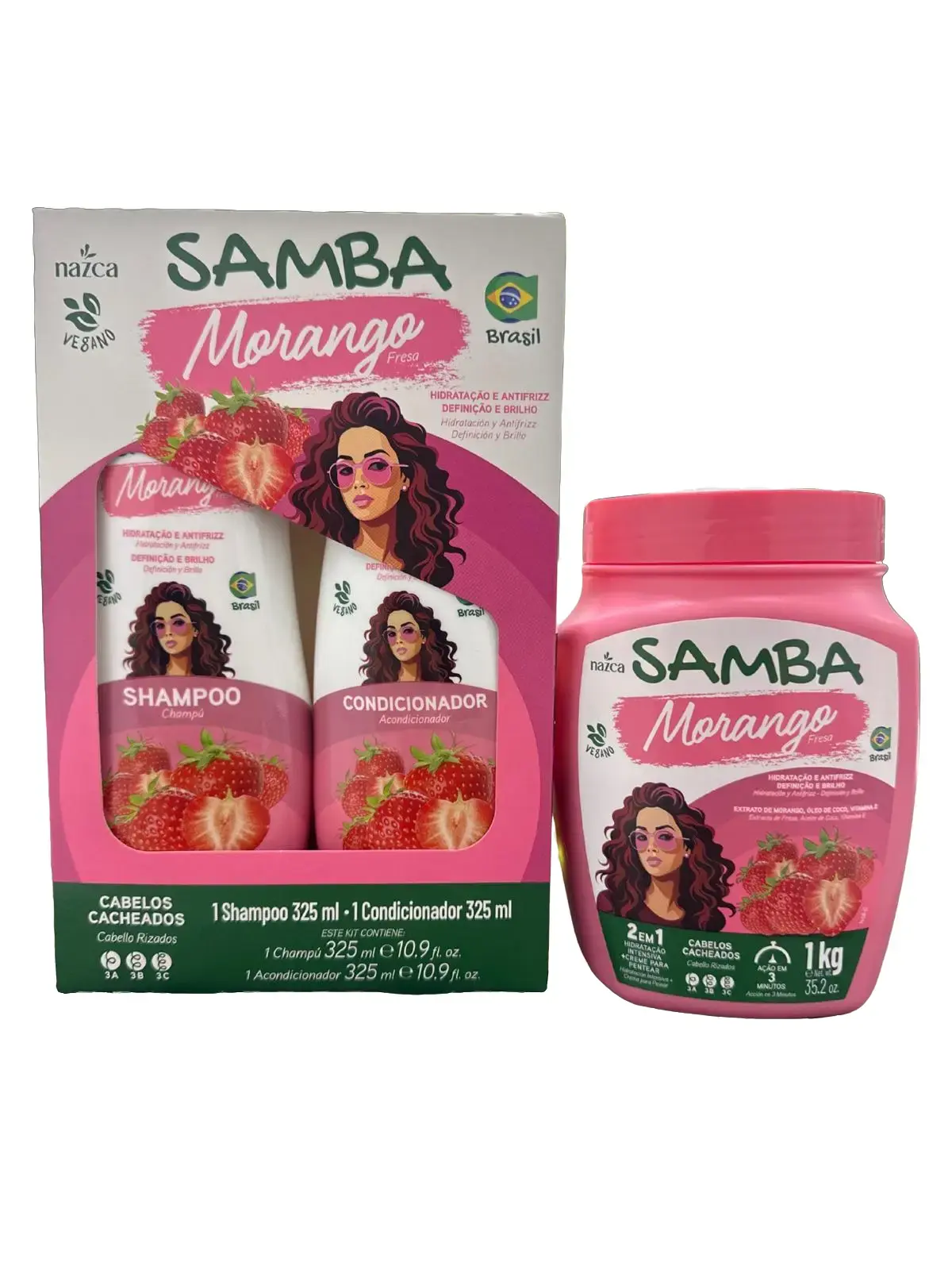SAMBA Brazilian Strawberry Curly Haircare Kit, 3-Piece Set with Hydrating Coconut Oil for Definition, Anti-Frizz & Smoother Curls, Youth, Fruity, Multi-Pack, 1Kg