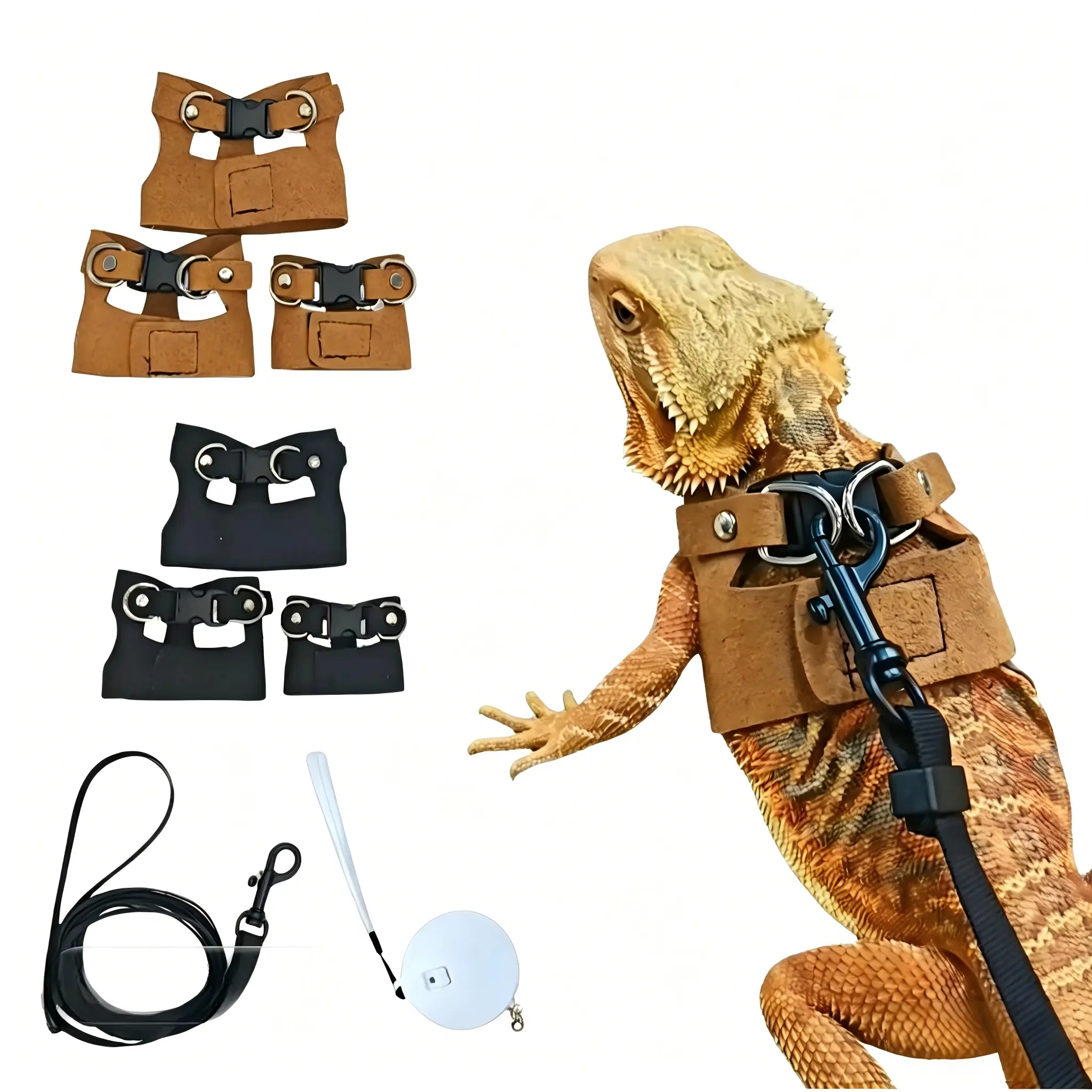 Premium Lizard Leather Stainless Steel Harness-Leash-Chain Set - Adjustable Straw/Bamboo Collars, Harnesses & Leads for Outdoor Reptile Pets