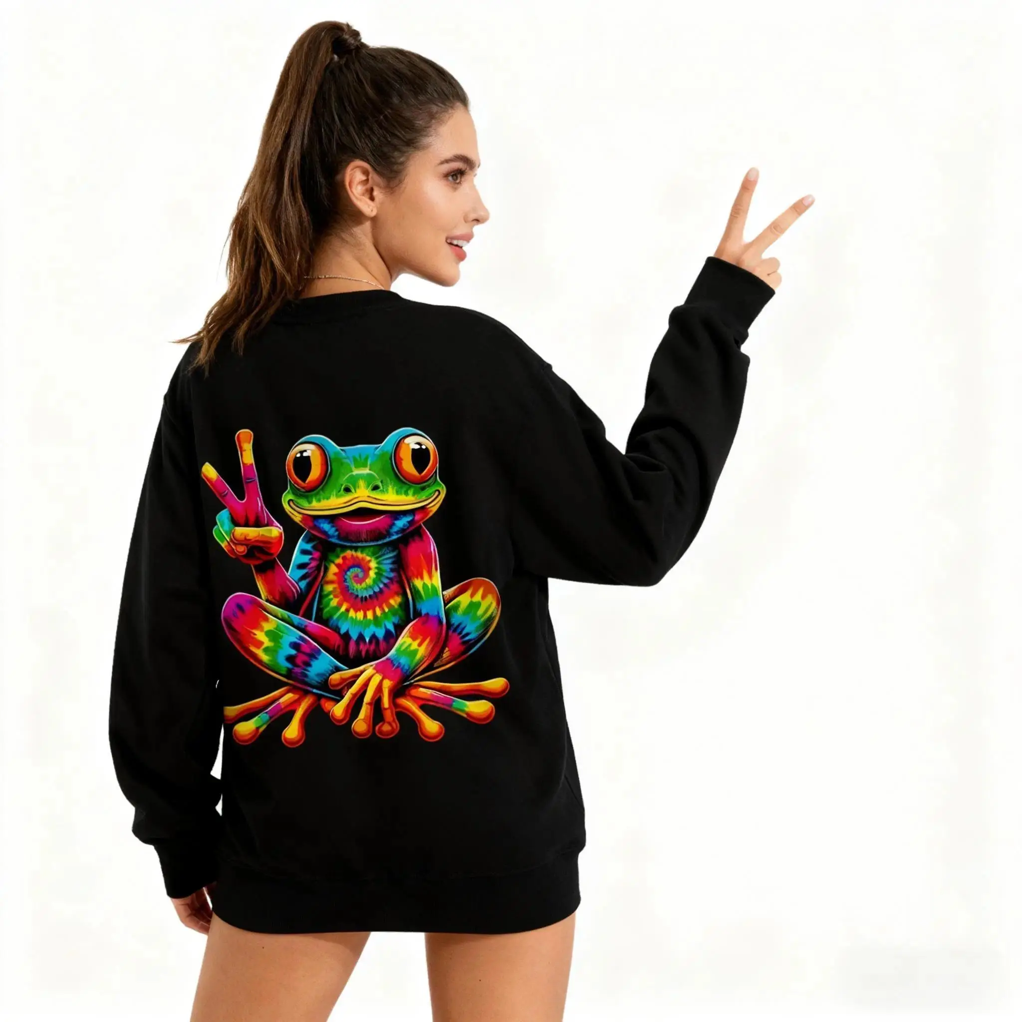 MXZDFKD SHOP Tie-Dye Cool Frog Graphic Print for Men Women Couple Fashion Sweatshirt , Street Long Sleeve Cotton Sweatshirt, Comfort-Fit Crew Neck Sweatshirt - Cool girl dressing - Casual Long Sleeve Sweatshirt- Perfect for Everyday Wear Bottom Breathable