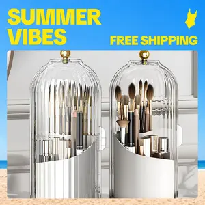 2pcs Toothbrush Holder Organizers with Transparent Door Lid, Rotating Clearance Makeup for Vanity Bathroom, Desktop Countertop Storage, Make up Container Spinning Brush Holder