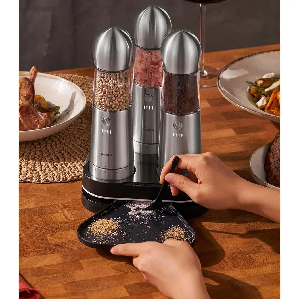 Electric Salt and  Grinder Set of 3 with Wireless Charging, Rechargeable Automatic  Mill, Upgraded Larger Capacity,One Hand Button Use, Adjustable Coarseness, Easy Clean,  Home and Kitchen Appliances forKitchen Table Gift Stainless-Steel pepper