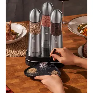 Electric Salt and  Grinder Set of 3 with Wireless Charging, Rechargeable Automatic  Mill, Upgraded Larger Capacity,One Hand Button Use, Adjustable Coarseness, Easy Clean,  Home and Kitchen Appliances forKitchen Table Gift Stainless-Steel pepper