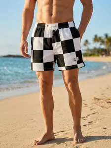 Men's Checkered Print Beach Shorts with Triangular Mesh Lining, Summer Casual Board Shorts with 2 Side Pockets and 1 Back Pocket, Quick Dry Swim Shorts Swim Trunks Drawstring Elastic Waistband, Beach Outdoor Wear Swimming Shorts Swimwear Shorts