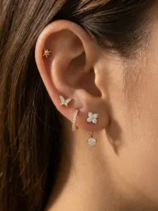 5 Piece Set Cute Japanese Korean Style Clover Earrings, Geometric Butterfly Studs, Synthetic Zircon, Casual Fashion Jewelry for Women