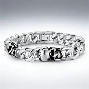 Gothic Skull Bracelets for Men Women, Stainless Steel /Silver Black Punk Skeleton Head Chain Bracelet Party Accessories for Rapper Biker birthday gift