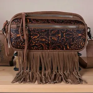 Trinity Ranch Floral Tooled Zippered Pocket Fringe Crossbody/ Belt Bag