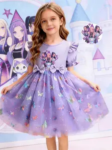Princess Party Dance Dress, Butterfly Mesh Skirt, Dreamy Elegant Design, K-Pop Girl Group Print, Perfect for Camping Travel Parties