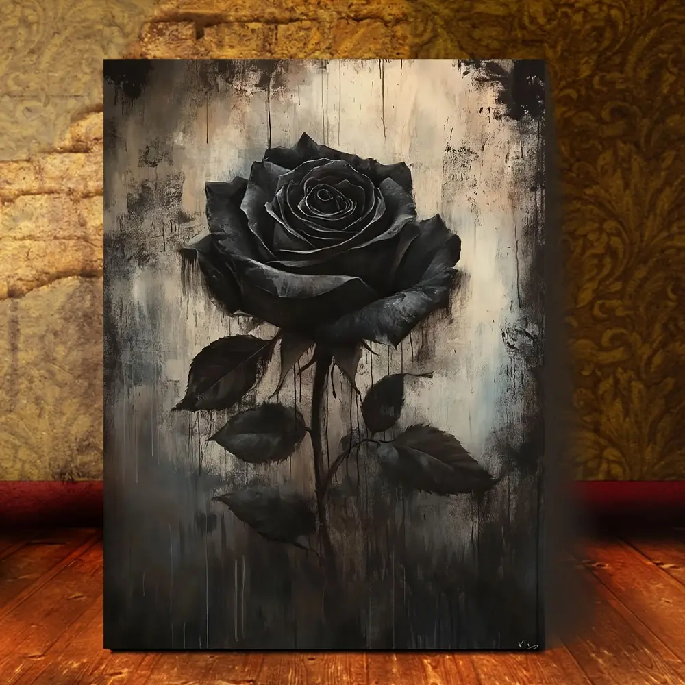 Room Decoration Antique Black Rose Canvas Art Print, Wooden Frame Floral Wall Decoration, Elegant Artwork for Bedroom, Office, Living Room, Home, and Dormitory Decoration Gift Hanging