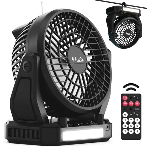 Fuzix Aero Multifunction Rechargeable Fan - Solar Powered Cooling, Adjustable Portable 3-Speed Fan with LED Light, Bluetooth Speaker, Foldable Hanger Hook, Flashlight, FM Radio, AUX/USB/Micro SD Inputs, Great for Travel Camping Work