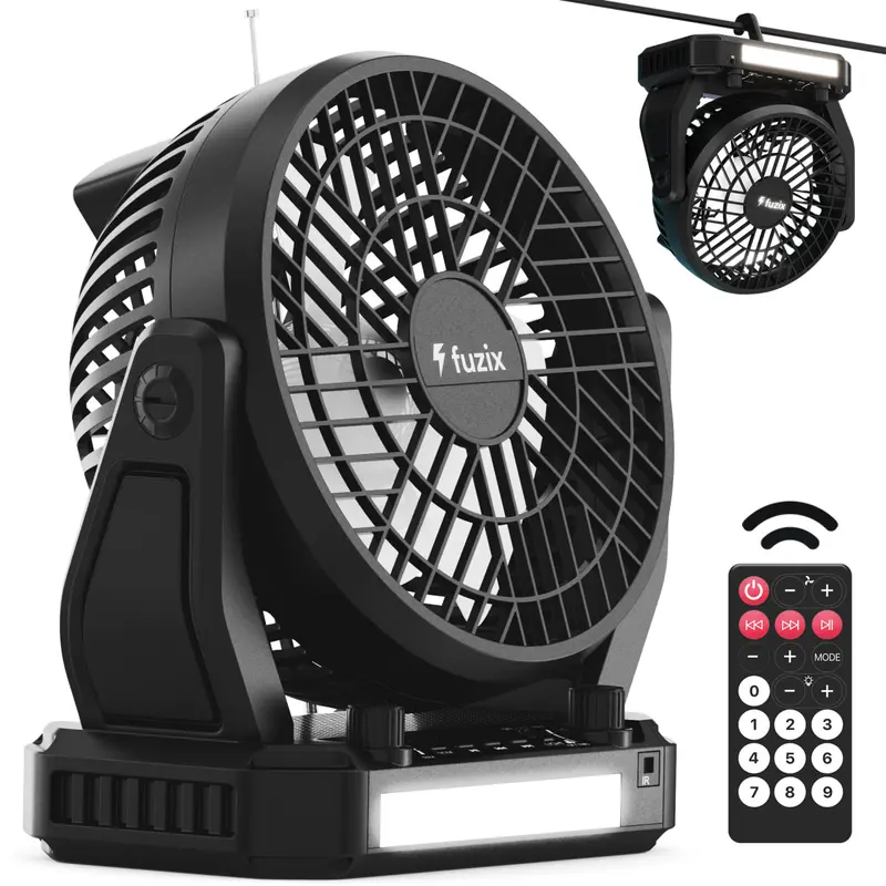 Fuzix Aero Multifunction Rechargeable Fan - Solar Powered Cooling, Adjustable Portable 3-Speed Fan with LED Light, Bluetooth Speaker, Foldable Hanger Hook, Flashlight, FM Radio, AUX/USB/Micro SD Inputs, Great for Travel Camping Work